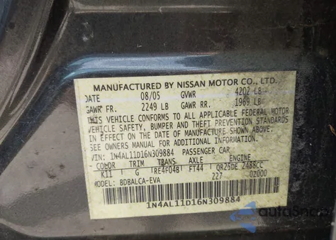 2006 Nissan Altima 2.5 S из США, поврежденный, VIN 1N4AL11D16N309884